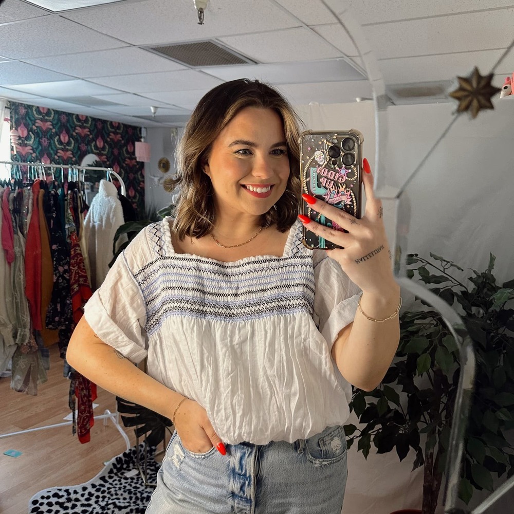 Free People White Boho Smocked Yoke Peasant Top
